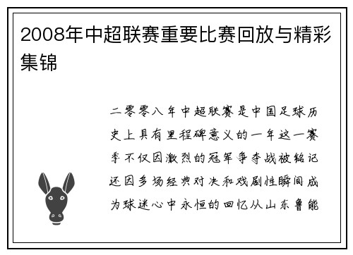 2008年中超联赛重要比赛回放与精彩集锦